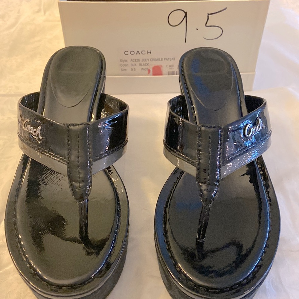 Coach black patent leather sandals